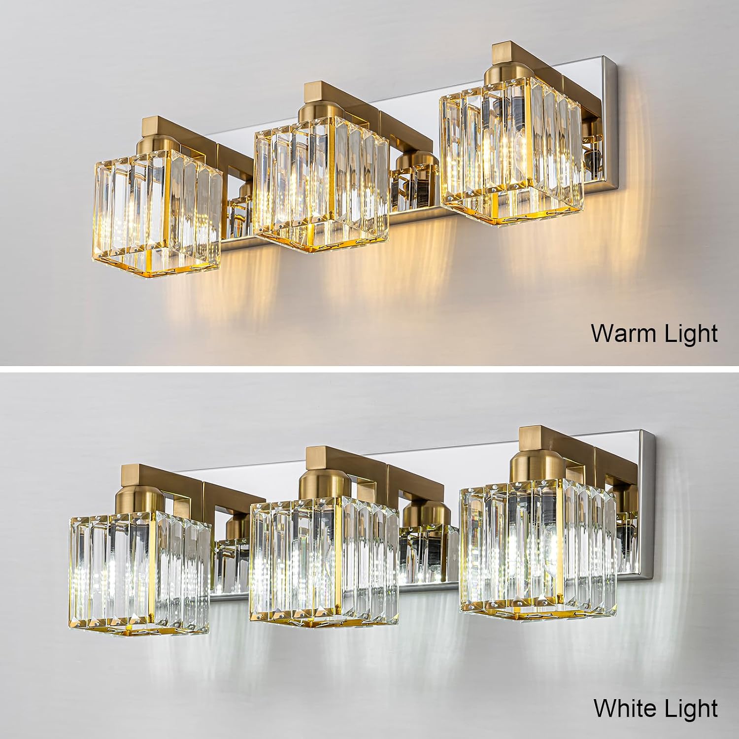 Gold Chrome Crystal Bathroom Light 3-Light Modern Bathroom Vanity Light Fixtures Over Mirror Wall Sconce