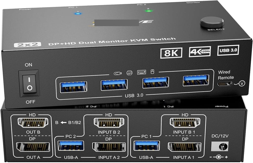 HDMI + Displayport KVM Switch 2 Monitors 2 Computers 8K@60Hz 4K@144Hz, Dual Monitor KVM Switch with 4 USB 3.0 Port,Wired Remote(NA-8202DH,AU)