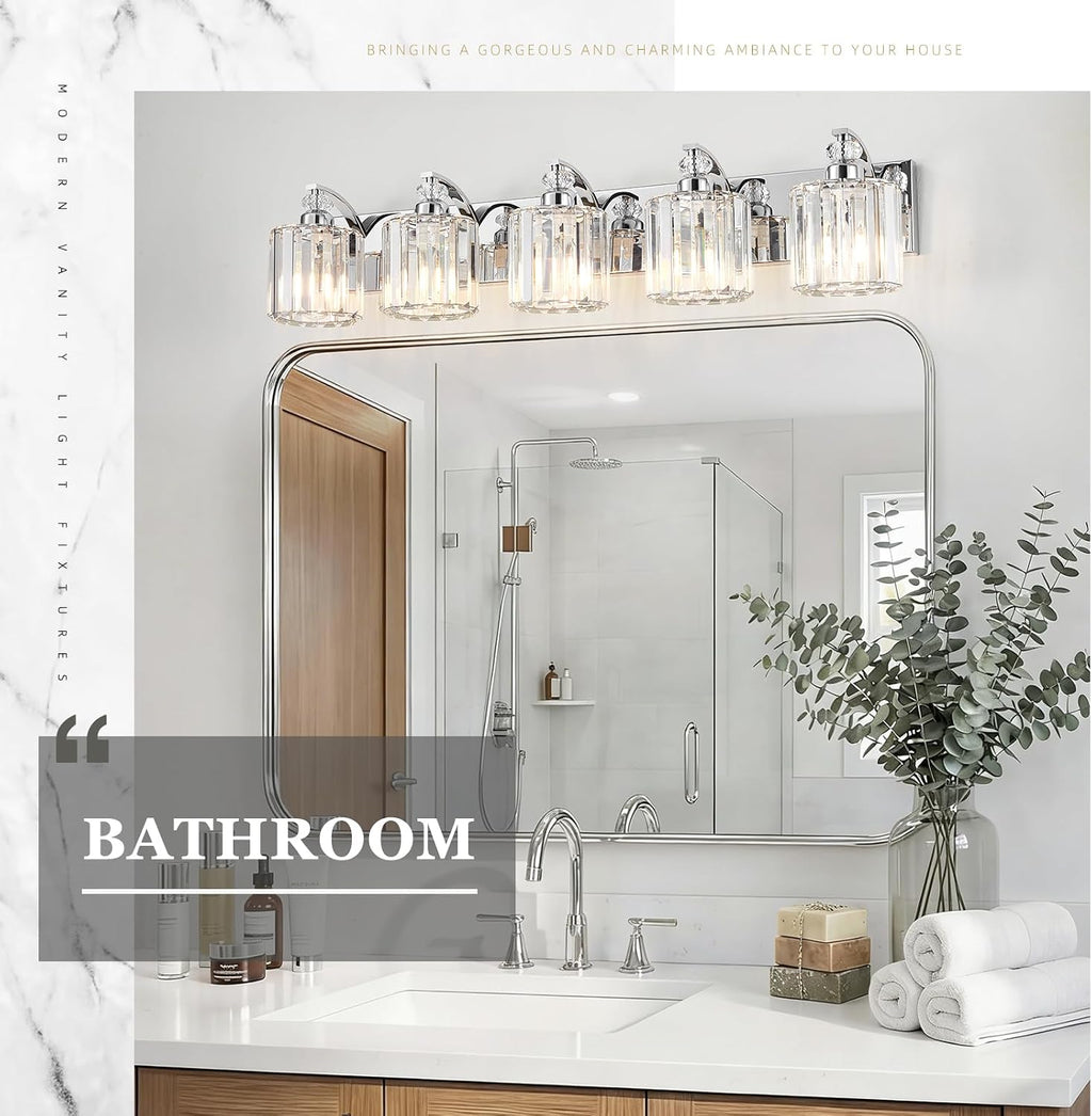 5-Light Modern Bathroom Light Fixture Chrome Vanity Lights Over Mirror Wall Sconce Lighting with K9 Crystal Shades Bathroom Wall Lamp E26 Base for Bedroom, Living Room, Hallway