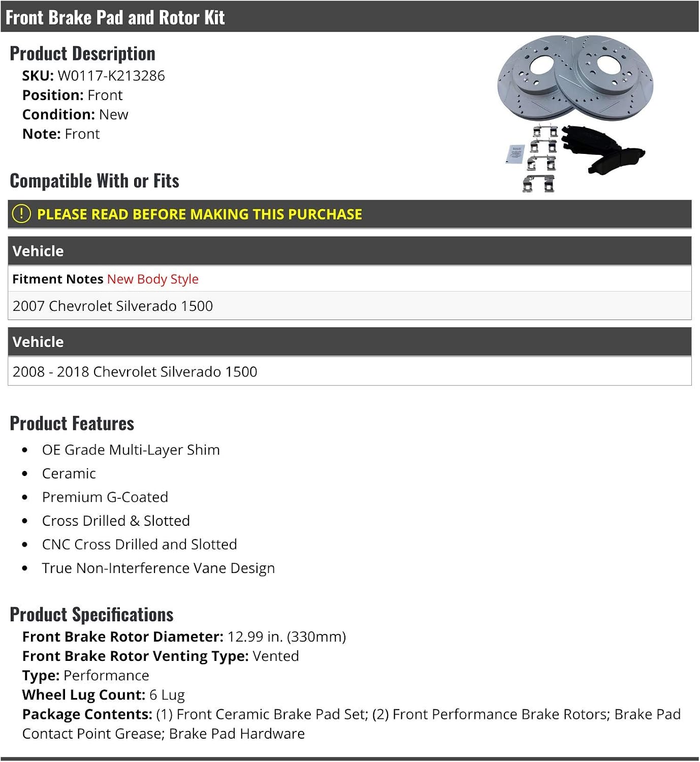Front Ceramic Brake Pad and Cross Drilled and Slotted Rotor Kit - Compatible with 2007-2018 Chevy Silverado 1500