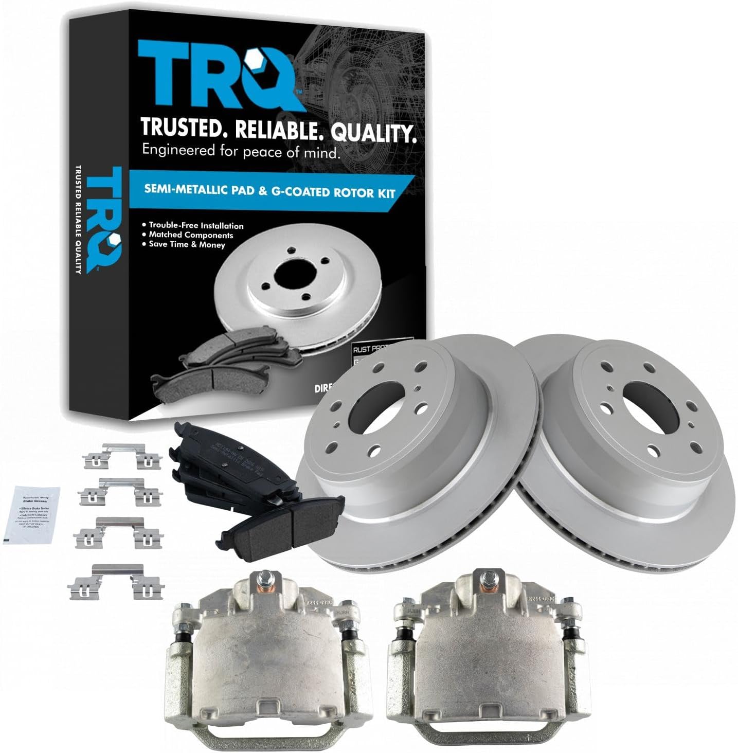 TRQ Rear Brake Pad & Rotor Set Semi Metallic G Coated Rotors Calipers Compatible with 2007-2014 Chevy Silverado Suburban 1500 Tahoe Avalanche GMC Sierra Yukon XL 1500 Cadillac Escalade ESV EXT
