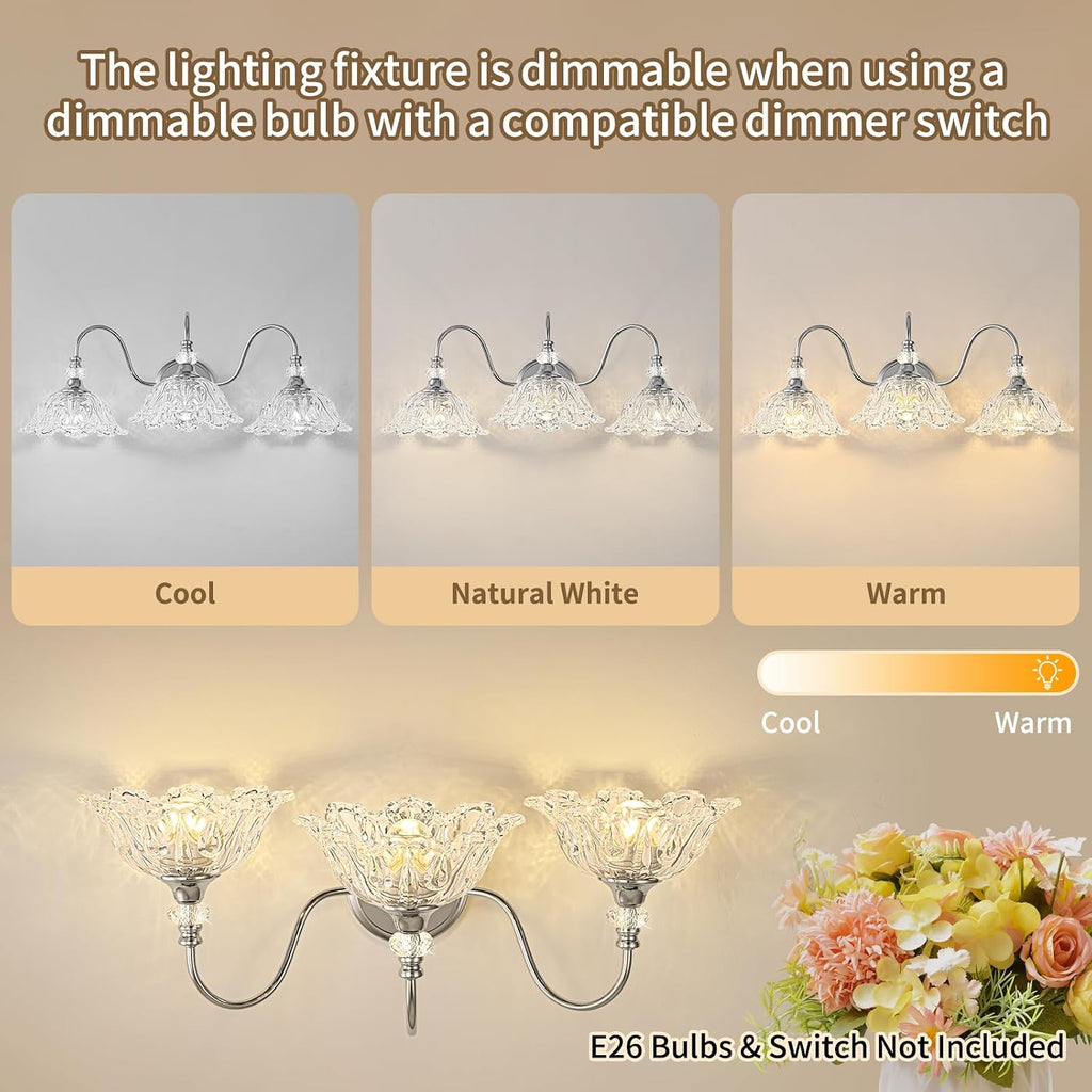 Brushed Chrome 3-Light Bathroom Vanity Light with Floral Clear Glass Shades, Modern Wall Mount Lighting for Bathroom, Dressing Table