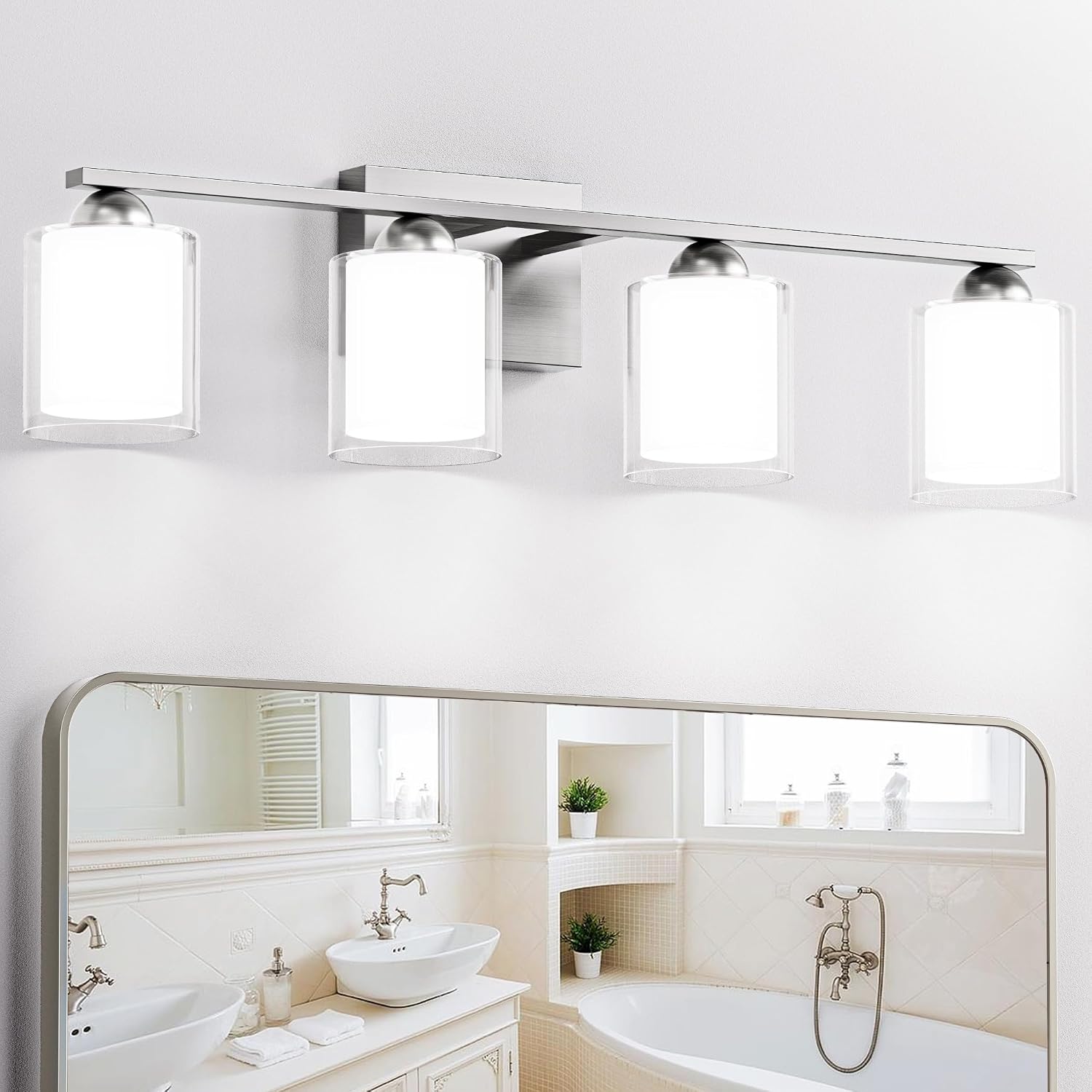 Quntis 4 Light Brushed Nickel Bathroom Light Fixtures, Modern Vanity Lights Over Mirror with 5 Colors & Stepless Dimmable, 27 Inch LED Bathroom Lighting with Milk White Frosted Glass (Bulbs Included)
