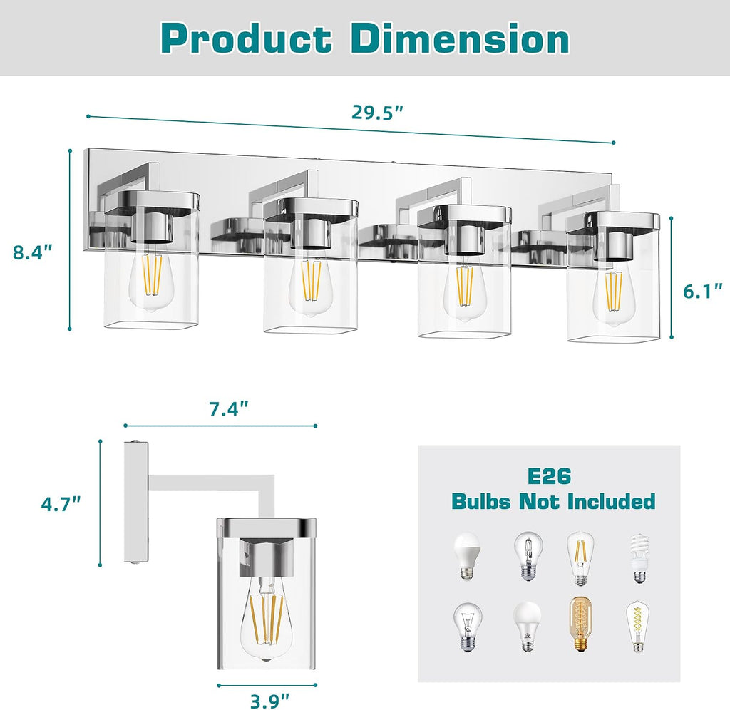 Chrome Bathroom Vanity Light, Square Design 4 Lights Morden Vanity Lighting Fixtures Over Mirror, Bathroom Vanity Light Fixtures for Living Room/Bedroom