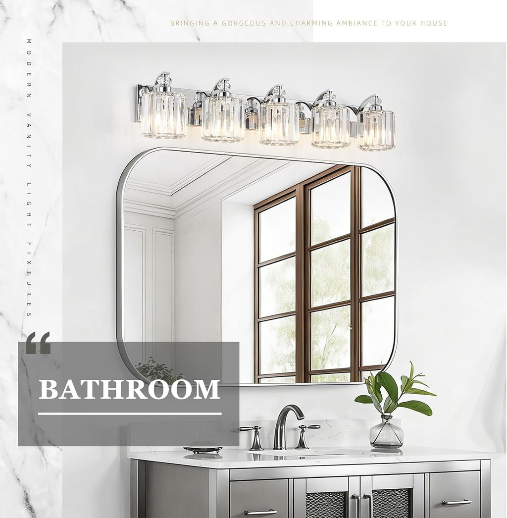 5-Light Modern Bathroom Light Fixture Chrome Vanity Lights Over Mirror Wall Sconce Lighting with K9 Crystal Shades Bathroom Wall Lamp E26 Base for Bedroom, Living Room, Hallway