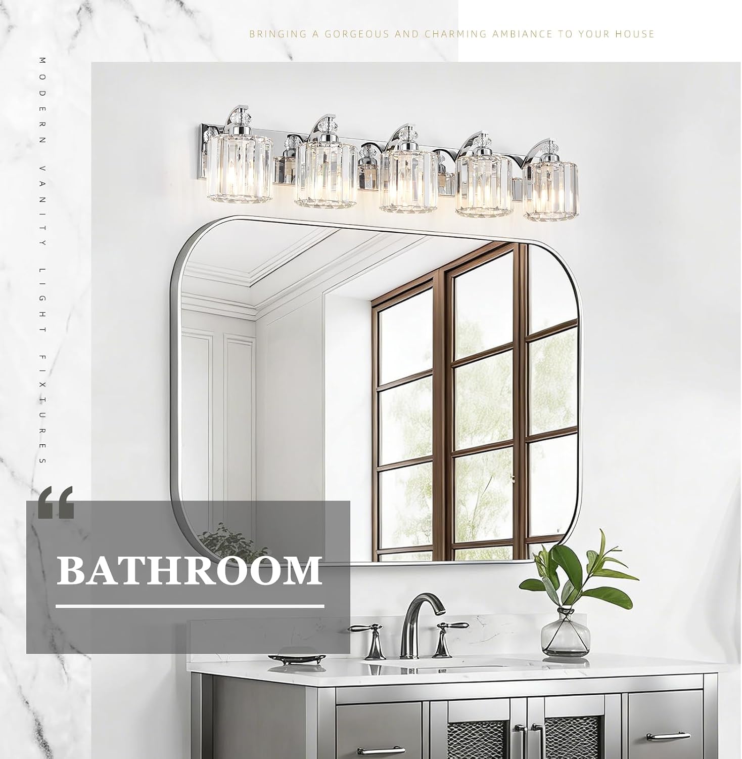 5-Light Modern Bathroom Light Fixture Chrome Vanity Lights Over Mirror Wall Sconce Lighting with K9 Crystal Shades Bathroom Wall Lamp E26 Base for Bedroom, Living Room, Hallway