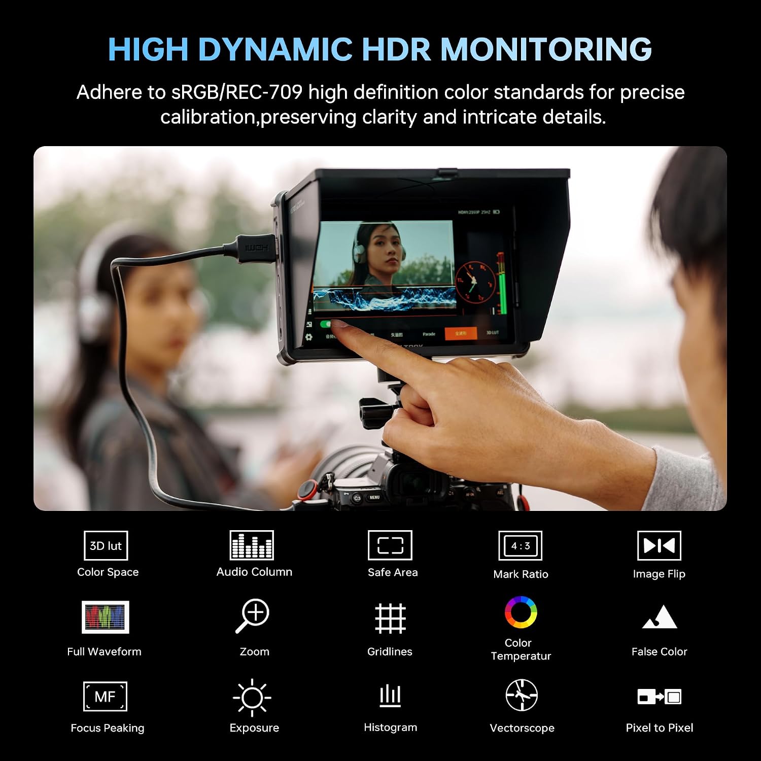 VILTROX DC-L1 7-Inch Touchscreen Camera Field Monitor 1280×800，Supports HDMI 1.4，Custom 3D LUT Import, Vectorscope & Waveform Scopes, Detachable Sunshade, NP-F Battery & Accessories