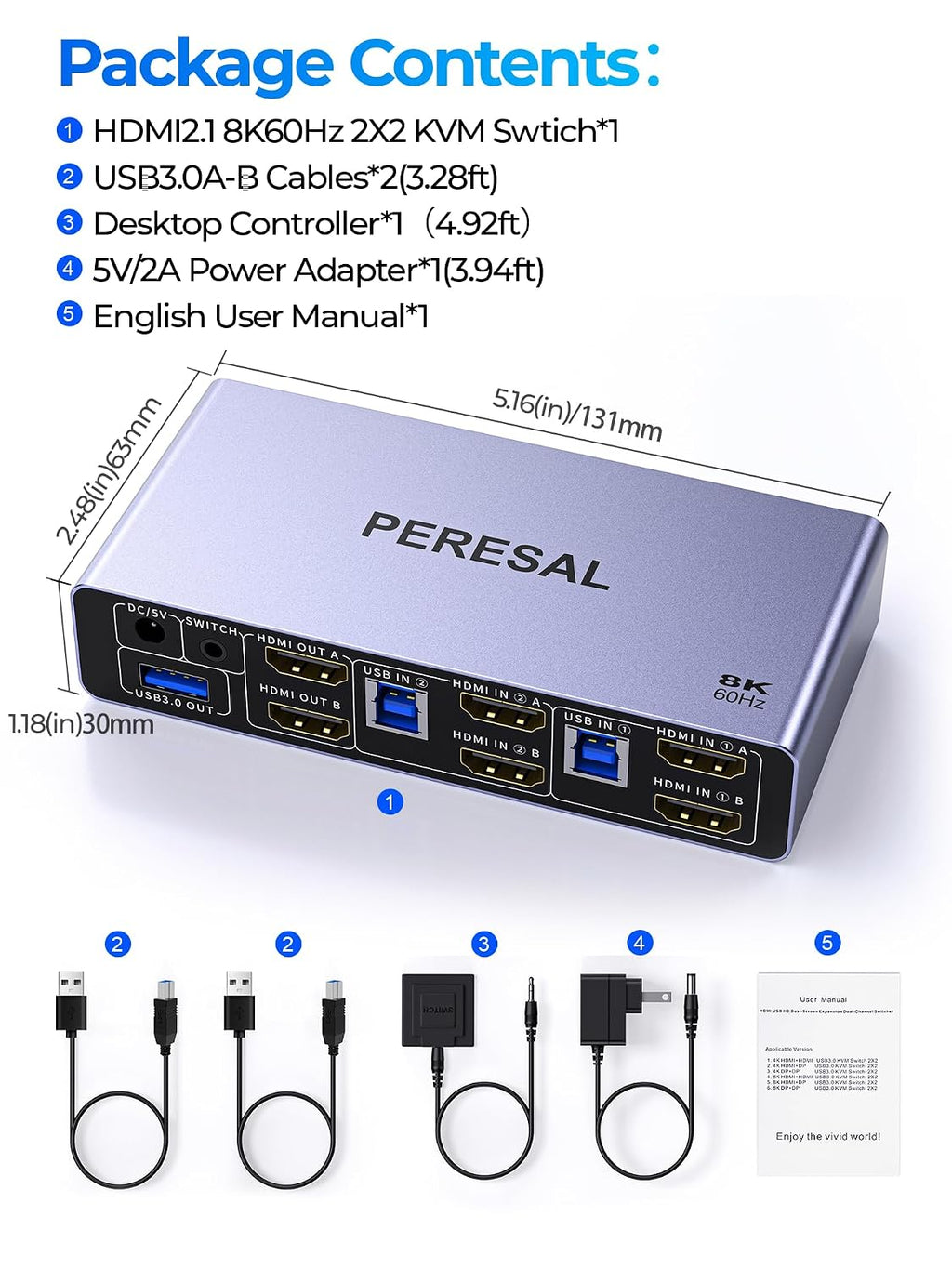 USB 3.0 HDMI KVM Switch 2 Monitors 2 Computers, 8K@60Hz Dual Mode Switching, with 3 USB 3.0 Port, Desktop Controller and 2 USB Cables