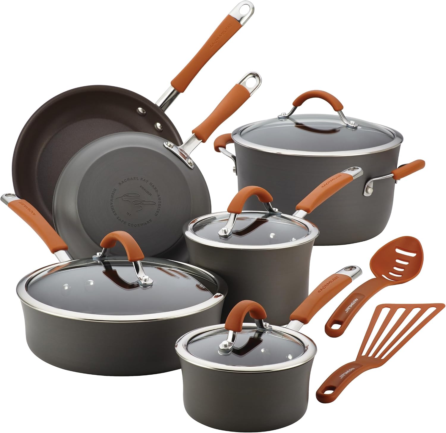 Rachael Ray Cucina Dishwasher-Safe Hard-Anodized Pots and Pans Set Non Stick Cookware, 12 Piece, Gray with Orange Handles