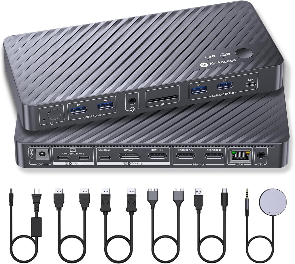 AV Access KVM Switch Docking Station for MacBook Desktop PC, USB C KVM Switch 2 Monitors 2 Computers, 4K Dual HDMI Displays, Plug&Play, Ethernet, 100W Power Delivery, EDID Emulation