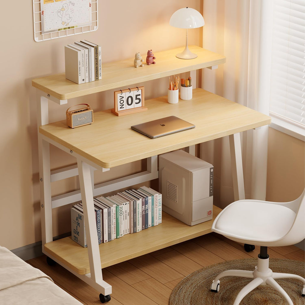 47.2 Inch Compact Rolling Computer Desk with Tier Worktable & Lockable Wheels, Small Computer Desk, Small Desk for Bedroom, Mobile Writing Workstation Easy Assembly for Home Office Small Spaces