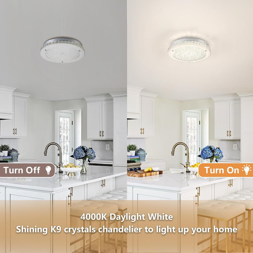 Crystal Ceiling Light Fixture LED Crystal Flush Mount Ceiling Light Dimmable LED Flush Mount Chandelier Light for Hallway, Bathroom, Laundry, Dining Room, Round, 4000K, 24W, 2640LM, 14'