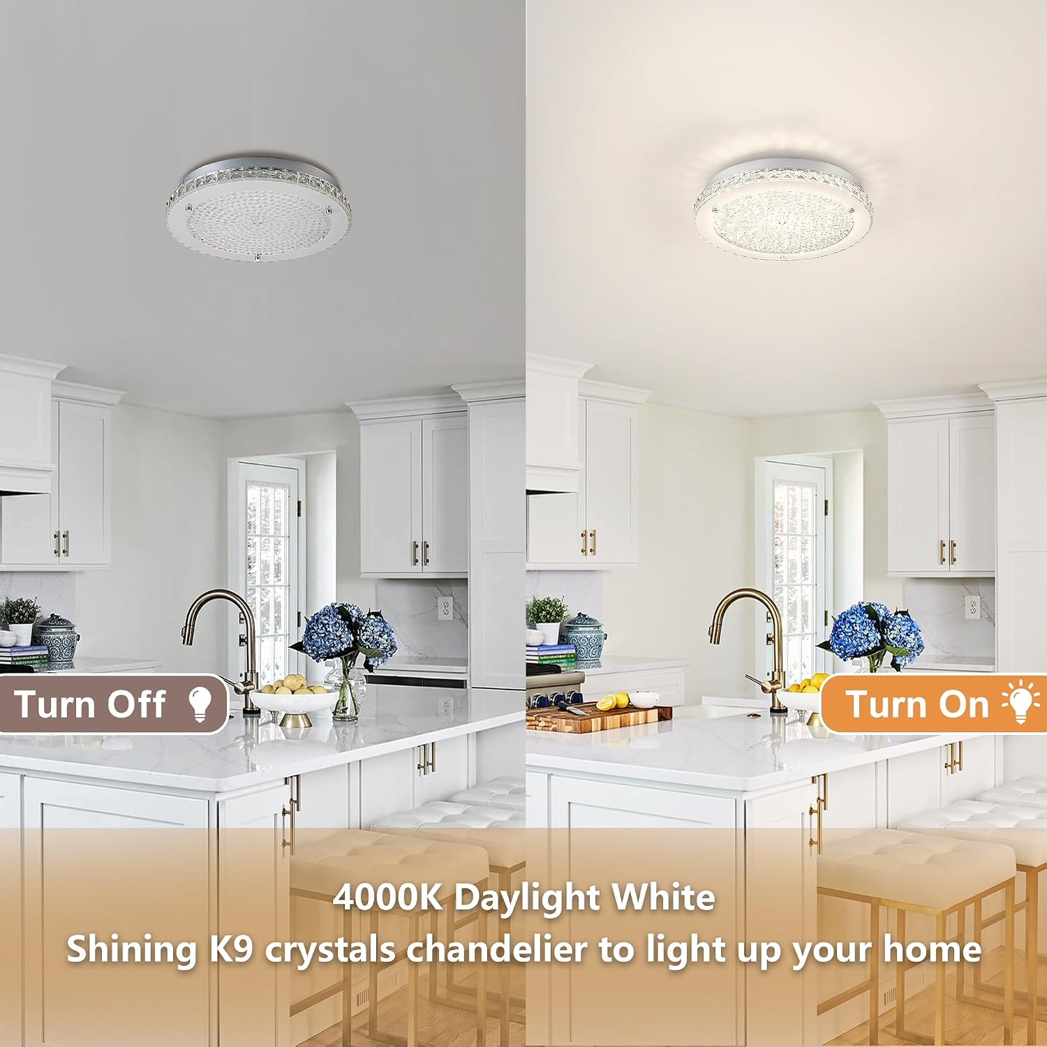 Crystal Ceiling Light Fixture LED Crystal Flush Mount Ceiling Light Dimmable LED Flush Mount Chandelier Light for Hallway, Bathroom, Laundry, Dining Room, Round, 4000K, 24W, 2640LM, 14'