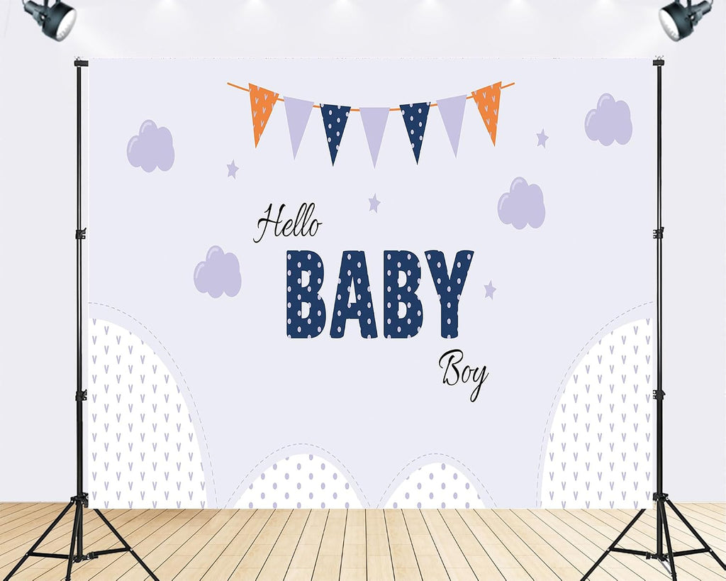 Trykid 20x10ft Hello Baby Boy Photography Backdrop Baby Shower Party Decorations Background Clouds Bunting Hills for Newborn Kids Gender Neutral Events Photoshoot Studio Props Fabric