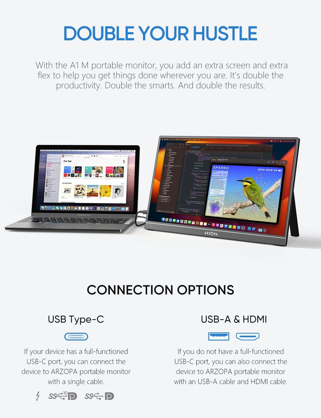 ARZOPA Portable Monitor & Sleeve, 17.3'' 1080P FHD Laptop Monitor &PU Sleeve Bag Combination
