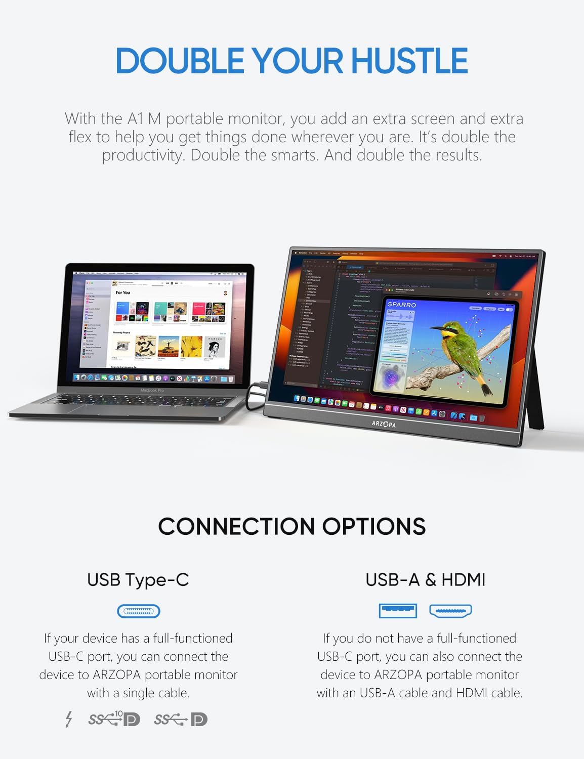 ARZOPA Portable Monitor & Sleeve, 17.3'' 1080P FHD Laptop Monitor &PU Sleeve Bag Combination
