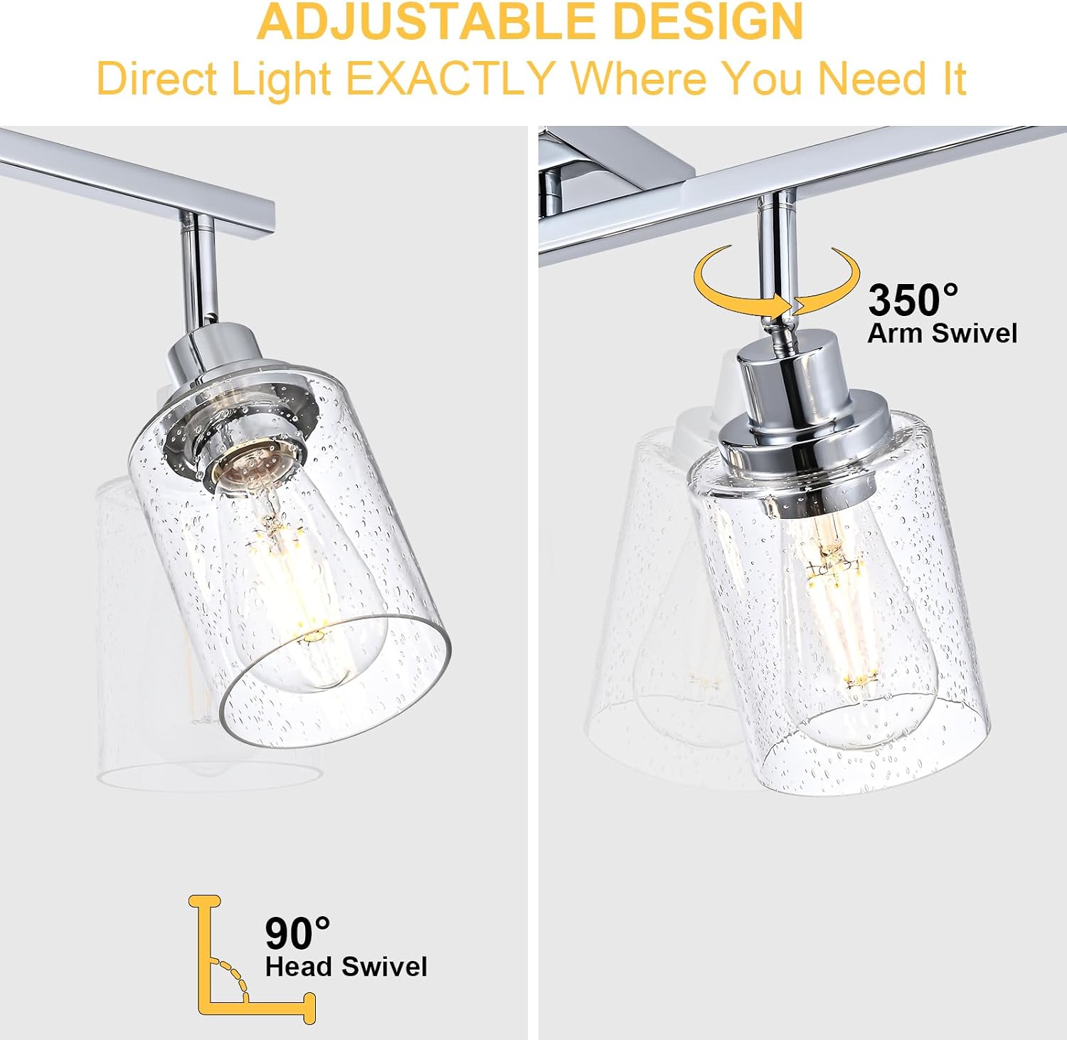 4-Light Multi-Directional Rotating Track Light Fixture Ceiling Track Lighting Heads with Seeded Glass Chrome Track Lighting Kit Bathroom Vanity Light Spotlight Fixtures for Kitchen Accent Shop