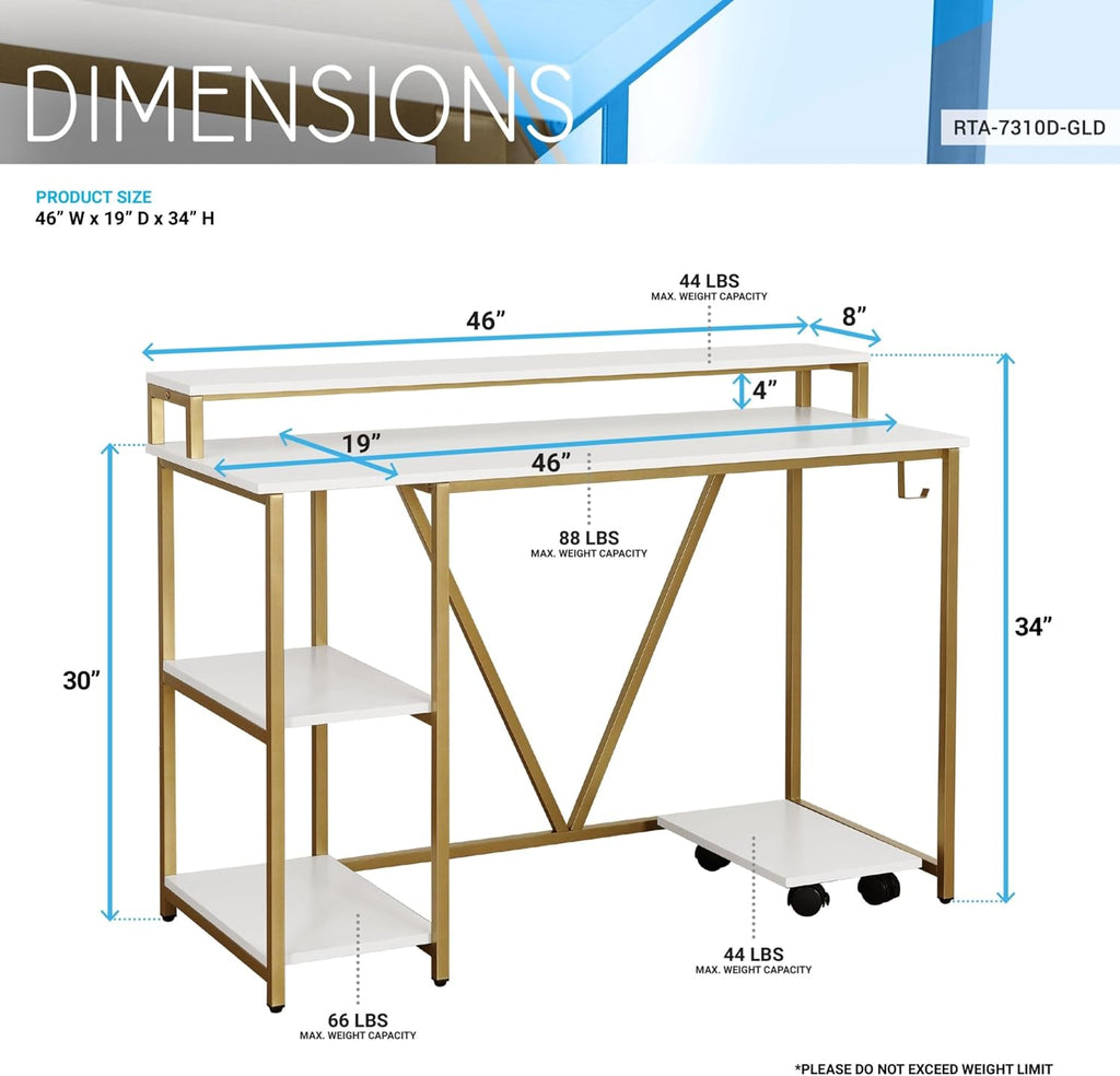 Techni Mobili Computer Desk - Industrial Writing Desk with Storage Shelves, Monitor Stand, & Accessory Holder - Home Office Laptop Computer Table with CPU Caddy & 2-Tier Small Bookshelf Space