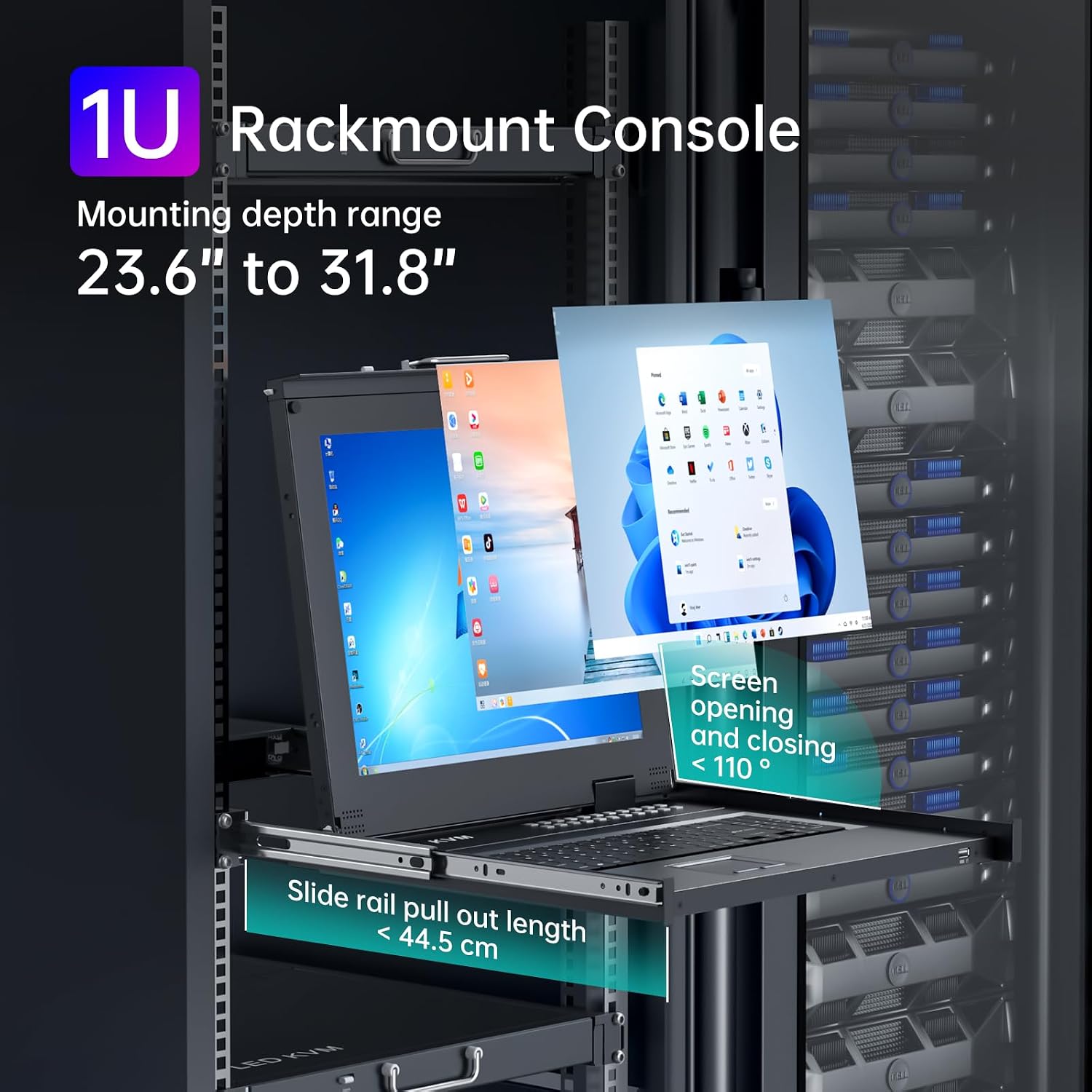MT-VIKI Rack KVM Switch w/17'' LCD Monitor, 16 Port VGA KVM Switch with Keyboard Touchpad Monitor, Fit for 1U 19'' Rack, OSD/Hotkey/Button 【with 16 VGA KVM Cable】