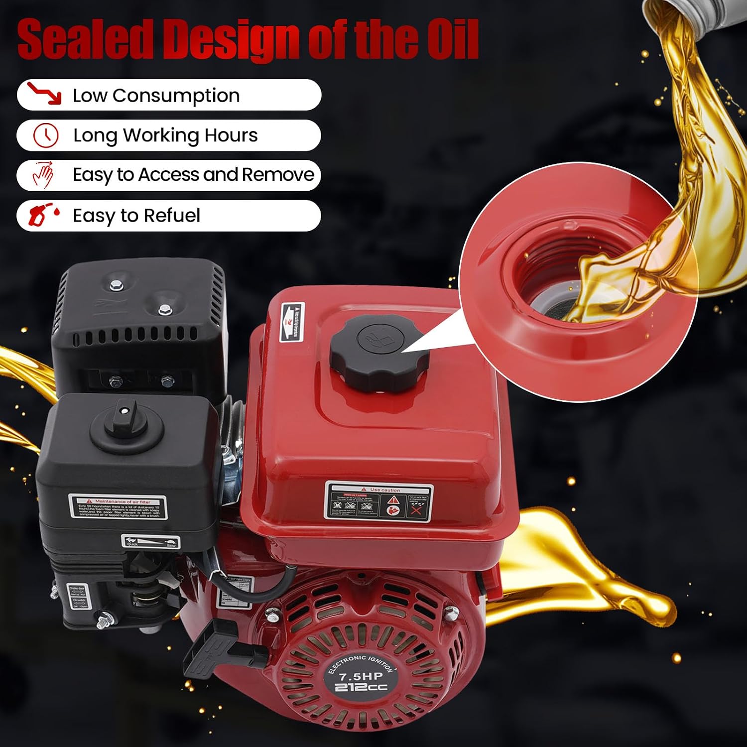 7.5HP Gas-Powered Engine 212CC, 4 Stroke 3000W Gas Engine Horizontal Shaft 0.95Gal Fuel Tank, Go Kart Engine for Water Pumps, Go-Karts, and Lawnmowers