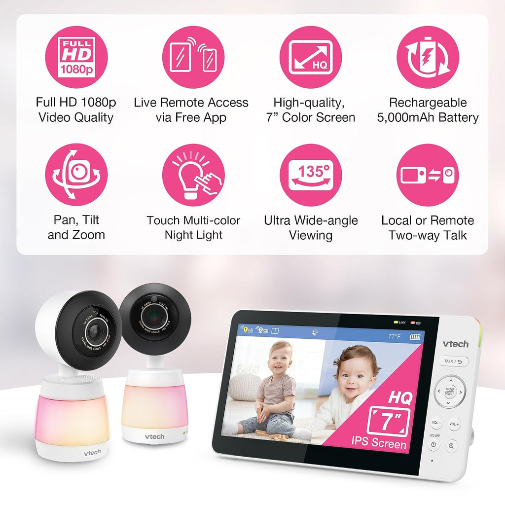 VTech WiFi Baby Monitor with 2 Cameras & 7' IPS Split Screen – 2K Sensor, 1080p HD App, 24X Zoom, Motion Alerts, Video Recording, Night Vision, Free App | Smart HQ Max Twin