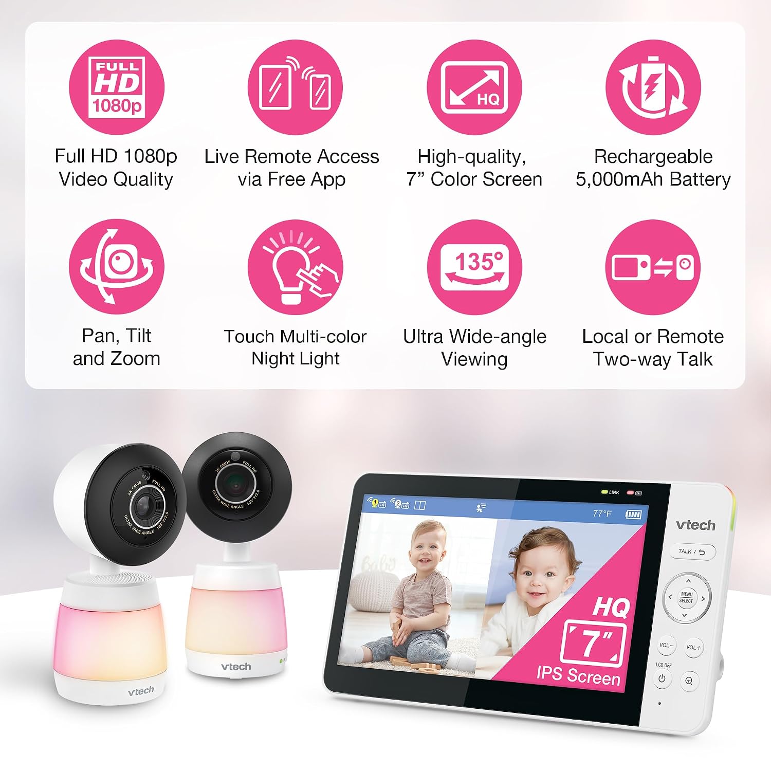 VTech WiFi Baby Monitor with 2 Cameras & 7' IPS Split Screen – 2K Sensor, 1080p HD App, 24X Zoom, Motion Alerts, Video Recording, Night Vision, Free App | Smart HQ Max Twin