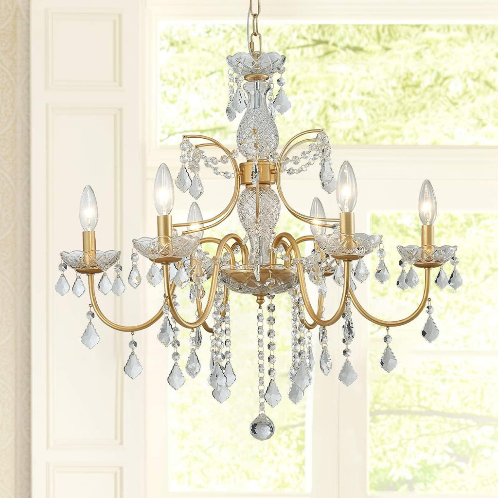 Bestier Gold Finish Elegent Crystal Candle Candelabra Chandelier 6 Light Lighting Fixture LED Pendant Ceiling Light Dia 26 in x H 26 in