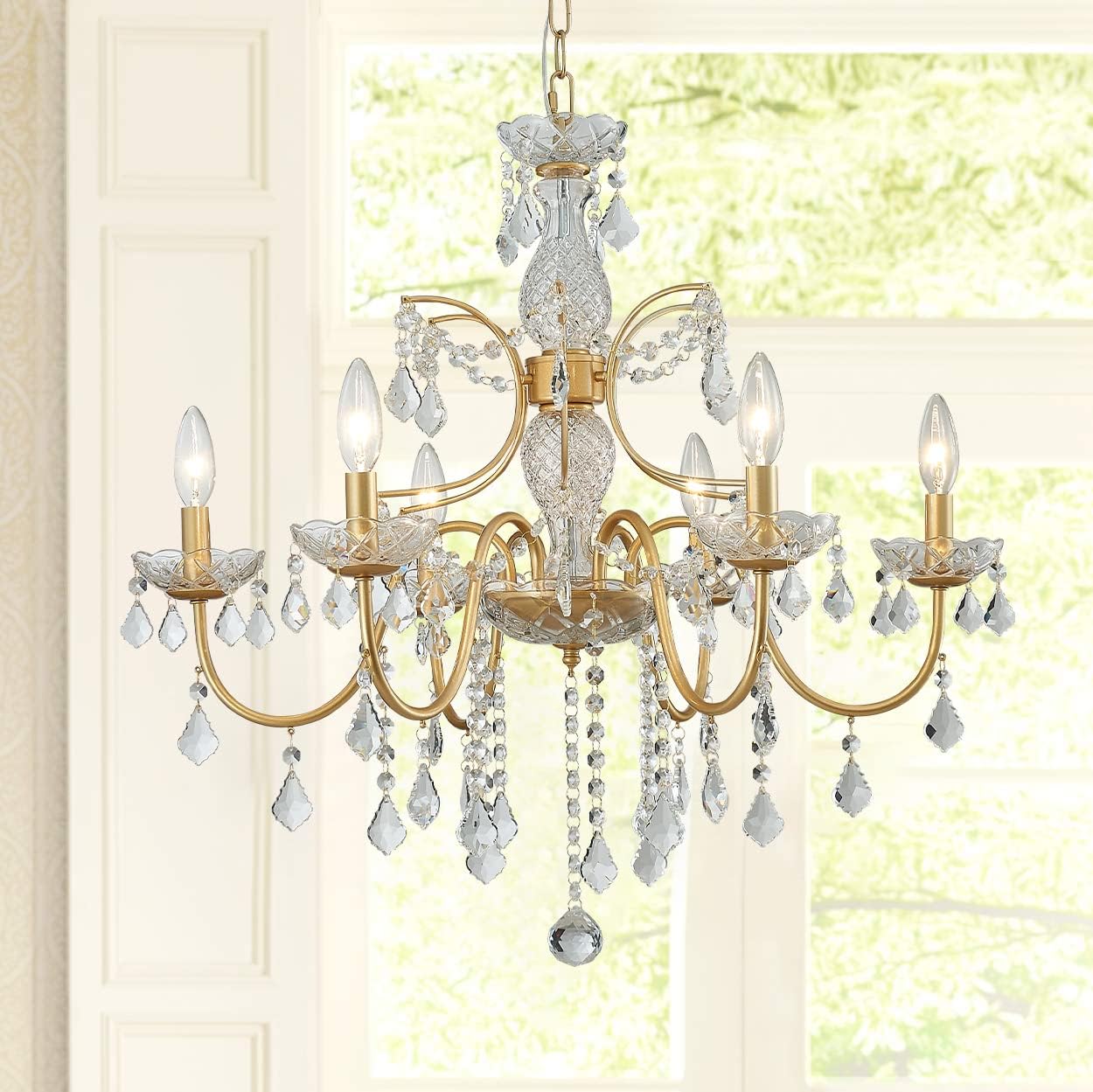 Bestier Gold Finish Elegent Crystal Candle Candelabra Chandelier 6 Light Lighting Fixture LED Pendant Ceiling Light Dia 26 in x H 26 in