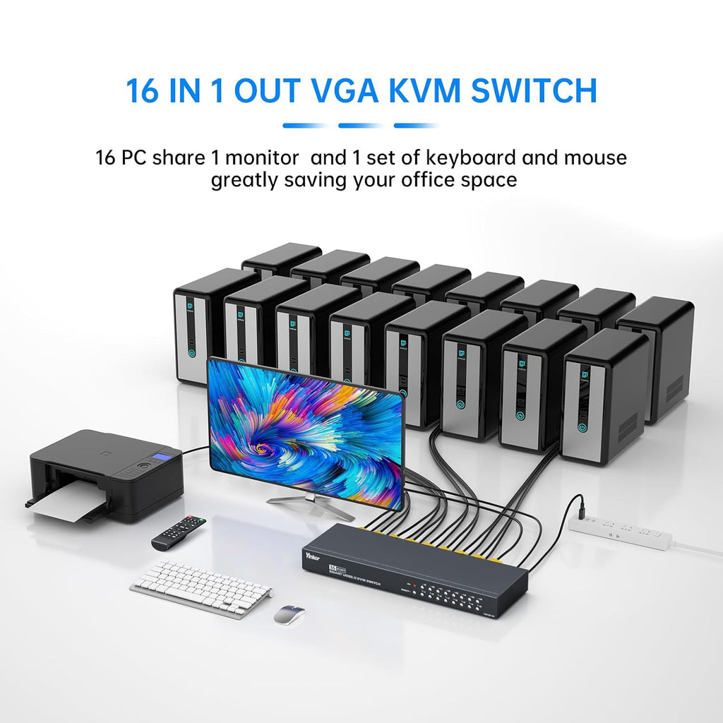 16 Port KVM Switch, Rack KVM Console VGA 16x1 w/16-Pack Cables IR Remote & Ears Support HD 1U Rack Cabinet
