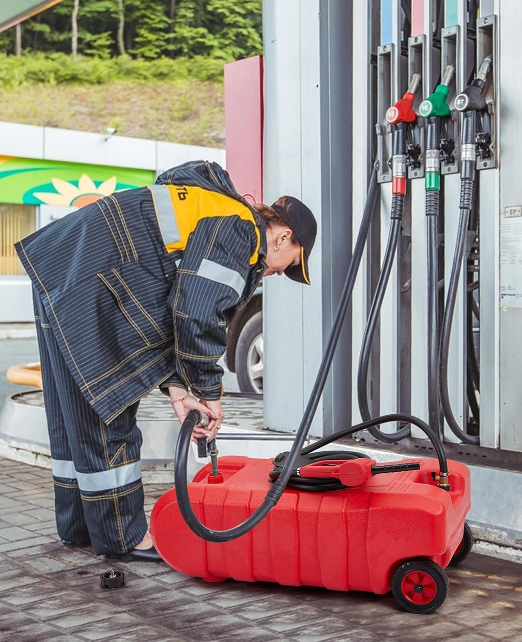 Fuel Caddy 14 Gallon, Portable Gasoline Tank Container With Manual Fuel Transfer Pump & 10ft Long Hose, Gasoline Diesel Fuel Storage Tank On-Wheels, Portable Gas Tank for Cars, Lawn Mowers, Boats, Red