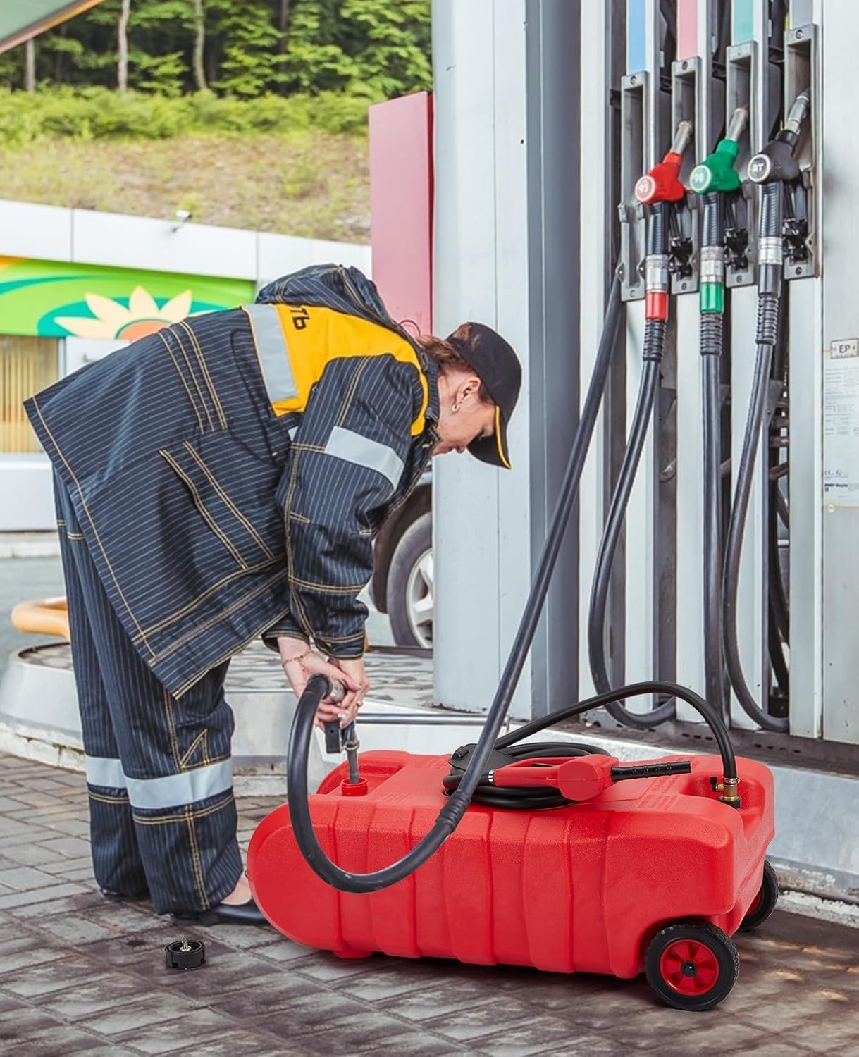 Fuel Caddy 14 Gallon, Portable Gasoline Tank Container With Manual Fuel Transfer Pump & 10ft Long Hose, Gasoline Diesel Fuel Storage Tank On-Wheels, Portable Gas Tank for Cars, Lawn Mowers, Boats, Red