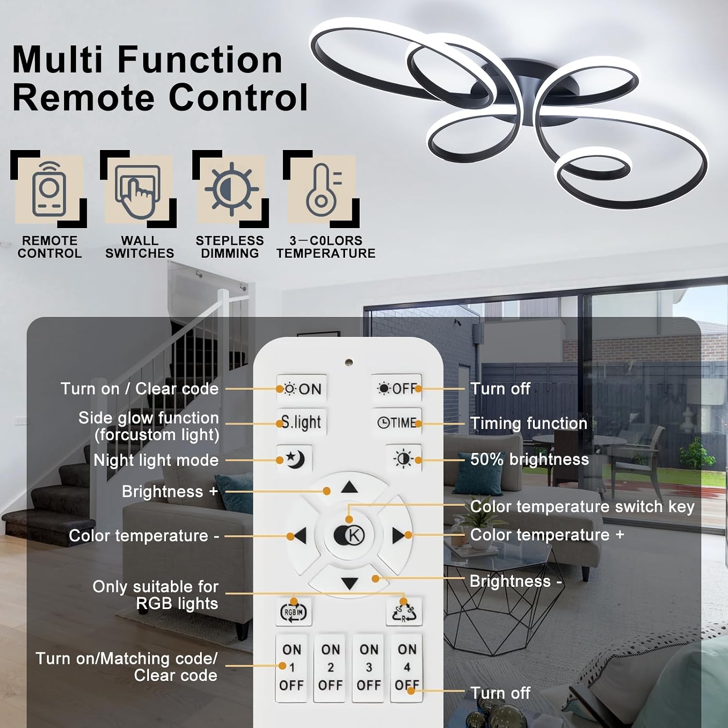 66W Modern LED Ceiling Light, 39.37Inch Flower Flush Mount Light Fixture with Remote Control Black Dimmable Ceiling Lamp for Living Room, Bedroom, Dining Room, Hallway, Kitchen