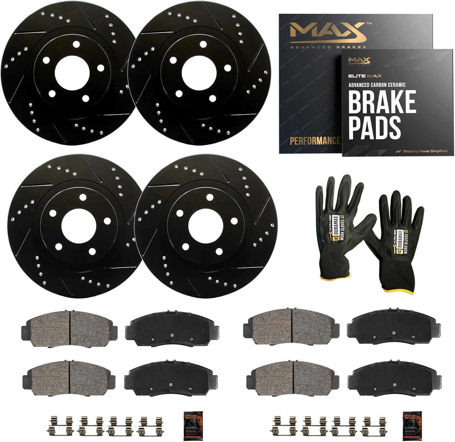 Max Advanced Brakes Front & Rear Brake Kit Compatible With 2006-2008 2009 2010 2011 Acura CSX Premium Touring iTech Replacement Drilled Slotted Black Coated Disc Brake Rotors and Ceramic Brake Pads
