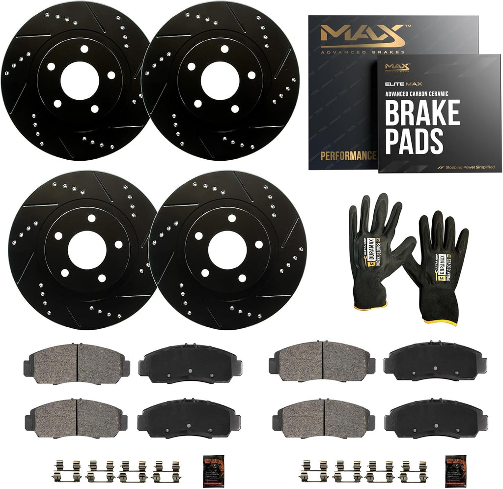 Max Advanced Brakes Front & Rear Brake Kit Compatible With 2006-2008 2009 2010 2011 Acura CSX Premium Touring iTech Replacement Drilled Slotted Black Coated Disc Brake Rotors and Ceramic Brake Pads
