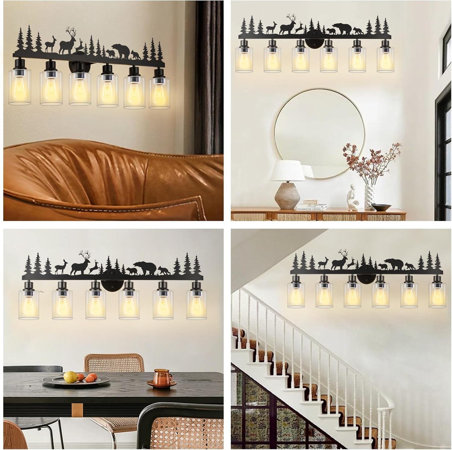 Rustic Bathroom Light Fixtures, 6-Light Farmhouse Vanity Lamp with Deer and Bear Design, Black Wall Lighting with Clear Glass Shade for Bathroom, Hallway, Kitchen, Porch