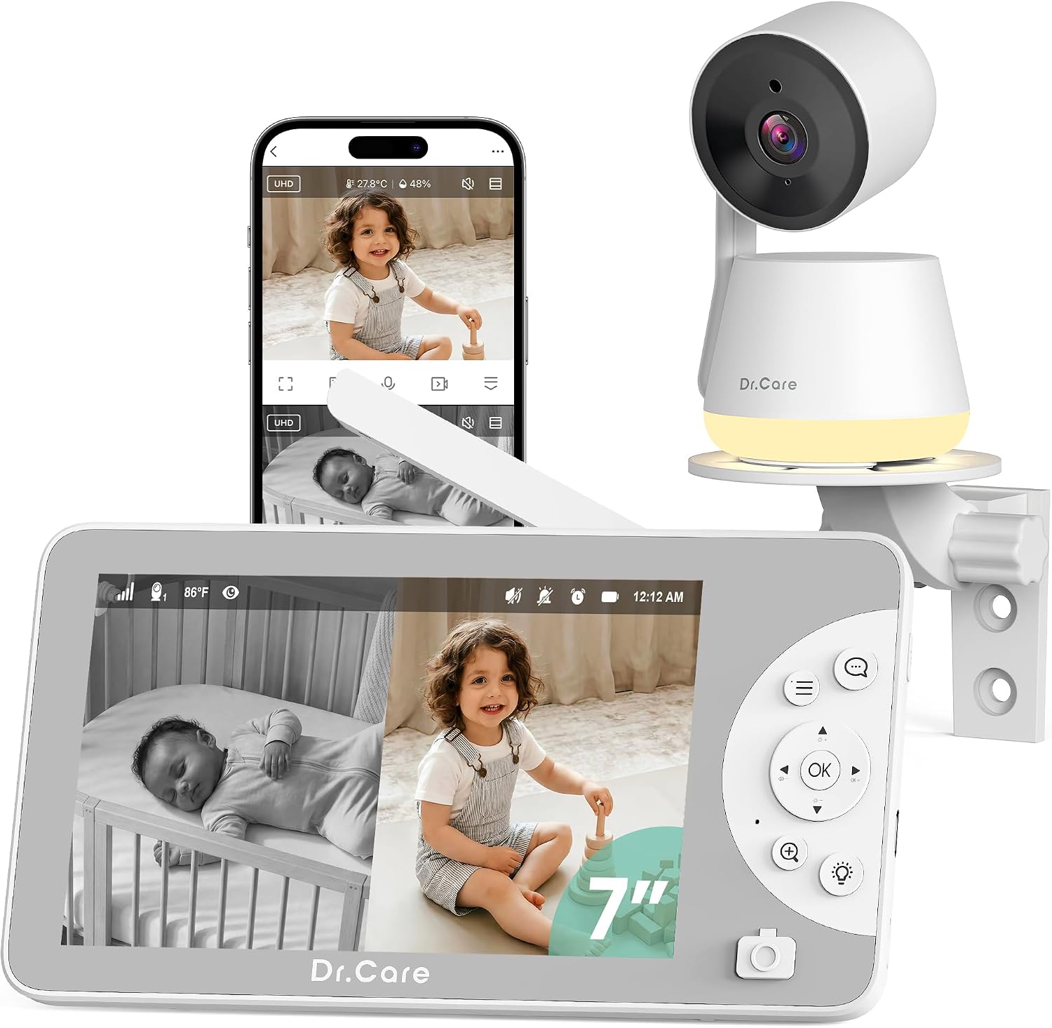 Dr.Care LumiView Max Smart WiFi Baby Monitor - 7' 1080P FHD & 2K Camera, Privacy Mode, Cry & Motion Detection, 6000mAh Removable Battery, Snapshot & Video Recording