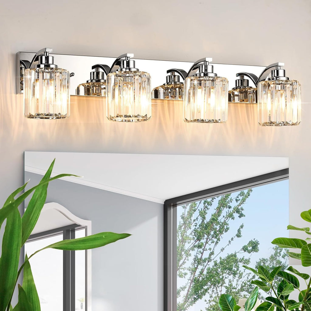 4 Lights Crystal Bathroom Vanity Light Modern Chrome Bathroom Light Fixture Bathroom Lighting Fixtures Over Mirror for Mirror E26 Base