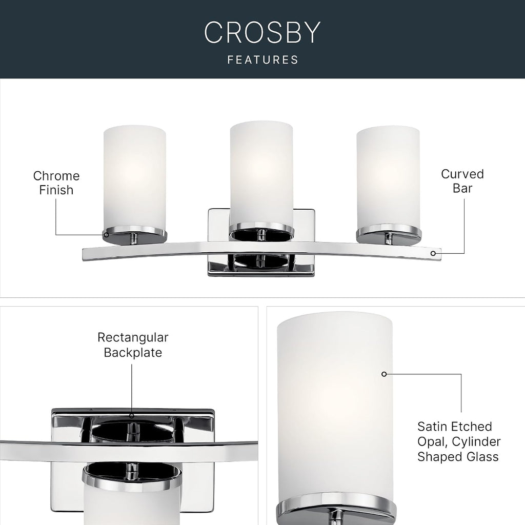 Kichler Crosby 23' Vanity Light in Chrome, 3-Light Contemporary Bathroom Light with Satin Etched Cased Opal Glass, (23' L x 8.75' H), 45497CH