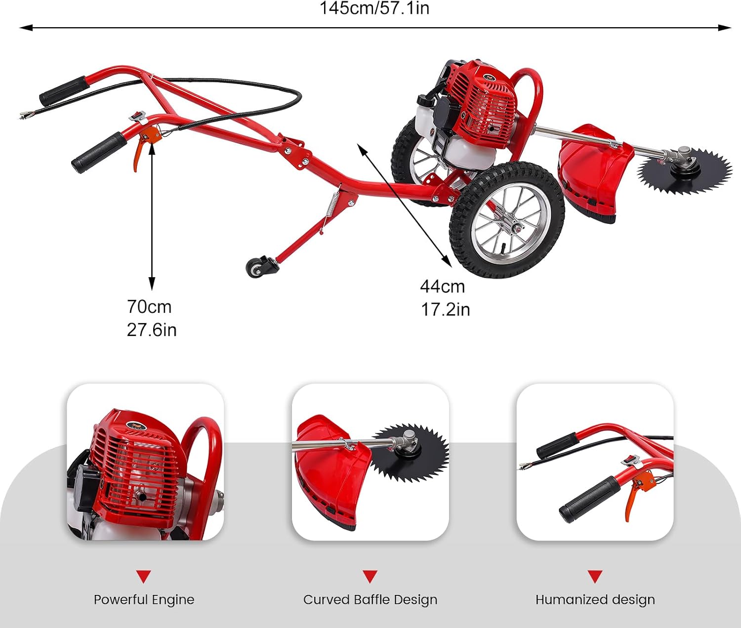 49cc 2-Stroke Outdoor Power Equipment Wheeled String Trimmer,Single-Cylinder Gasoline Engine 6500-7000r/Min, 1.8Kw Hand Push Lawn Mower,Gasoline Lawn Mower