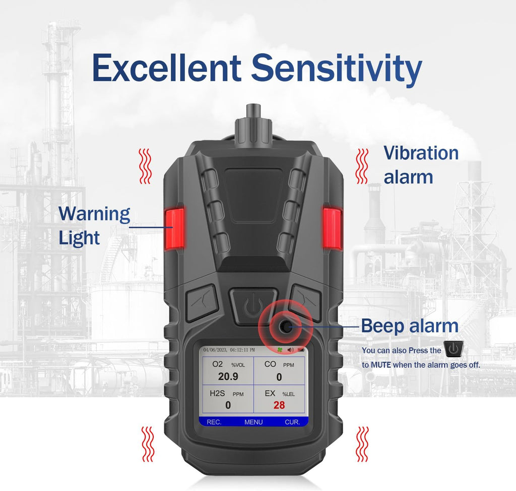 Gas Detector with Pump, 4 Gas Monitor Multi Gas Detector CO EX O2 H2S Monitor, 3000mAh Rechargeable 4 Gas Monitor with Calibration Kit, Portable LCD Display with Clip Sewer Gas Detector 4 Gas Meter