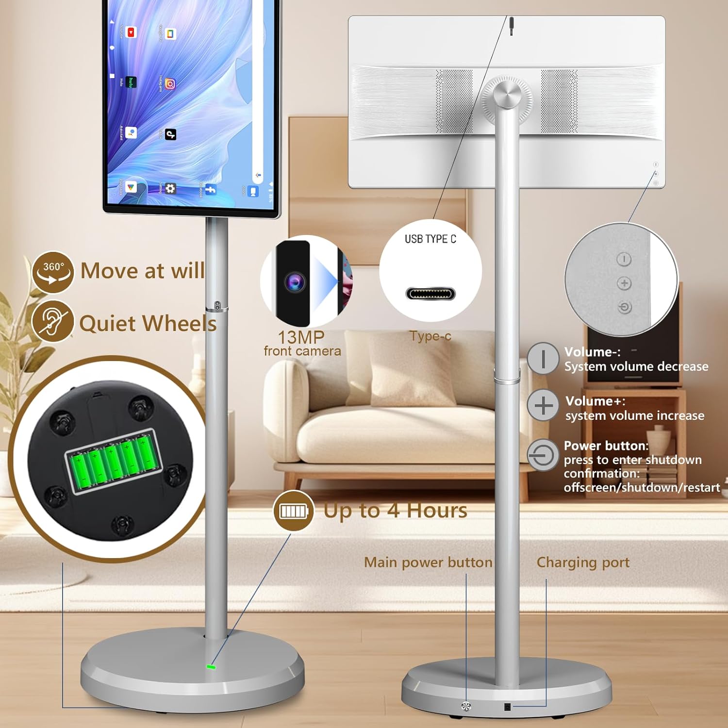 21.5' FHD Smart Portable TV, Rolling TV on Wheels, Android 15 OS, 6G +128GB Storage, Portable Touch Screen Monitor, 13MP Camera, Built-in Battery, 60Hz Refresh Rate, Full Swivel Rotation, Voice Remote
