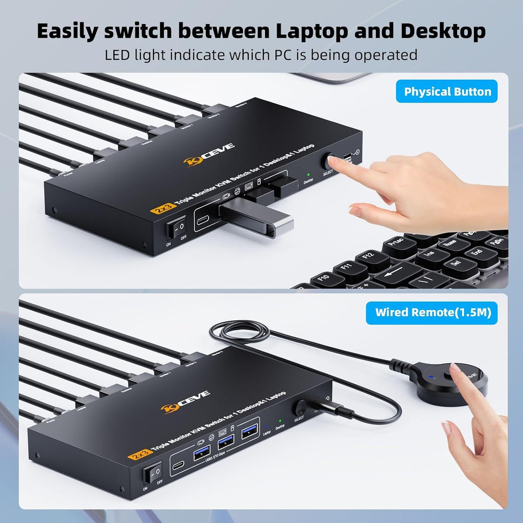 KCEVE Triple Monitor KVM Switch for 1 Laptop 1 Desktop, USB 3.1 KVM Switch 3 Monitors 2 Computer USB C HDMI DP Share 4 USB Device, 100W PD, 4K@60Hz, MST, Wired Remote(4K USB C DP HDMI 2 in 3 Out KVM)