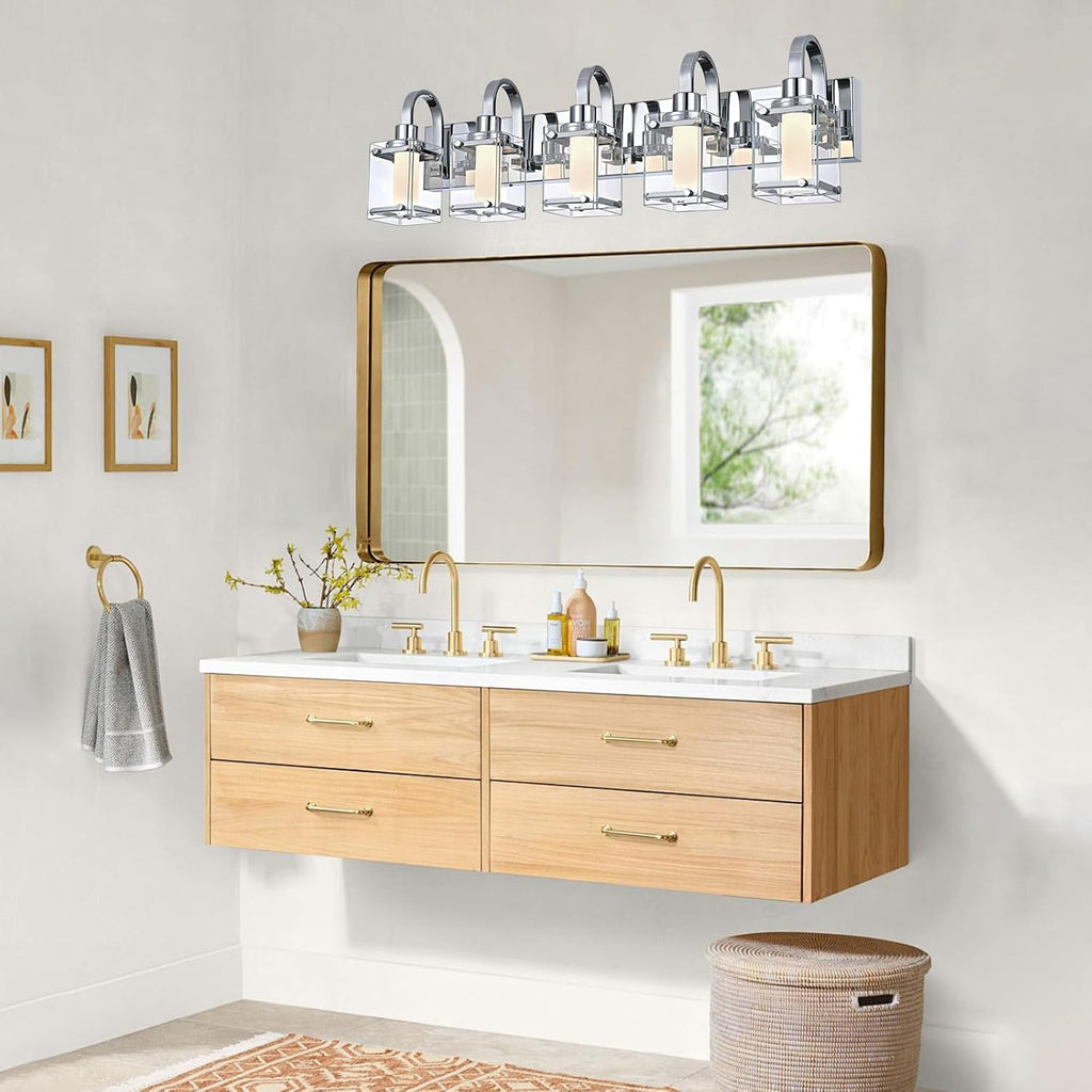 5-Light Chrome Vanity Light Fixtures, Modern LED Bathroom Wall Lights for Dressing Room, Integrated LED Chips with Frosted Column & Clear Square Glass Shades, Energy Saving Wall Sconce