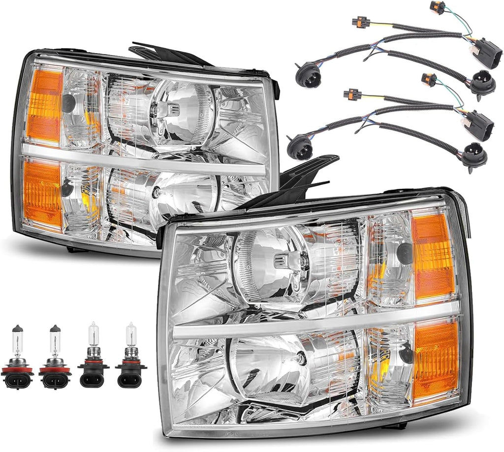 APSVE for 2007-2013 Chevy Silverado 1500 Headlights Assembly w/Bulb & Wiring Harness 07-14 Silverado 2500HD 3500HD Headlamp, Chrome/Amber