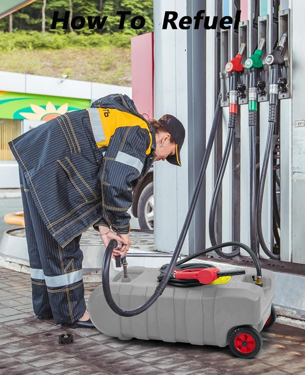 15 Gallon Fuel Caddy With Pump,Portable Fuel Tank On Wheels With Le Fluid Transfer Siphon Pump and 10-Inch Hose for Cars, Boats, Lawnmowers, ATVs Container for Gasoline Transfer