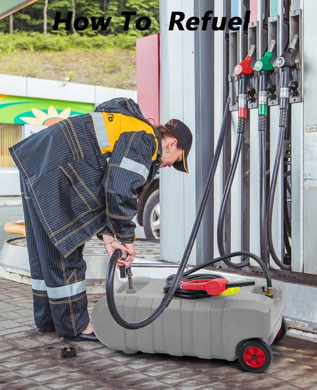 15 Gallon Fuel Caddy With Pump,Portable Fuel Tank On Wheels With Le Fluid Transfer Siphon Pump and 10-Inch Hose for Cars, Boats, Lawnmowers, ATVs Container for Gasoline Transfer