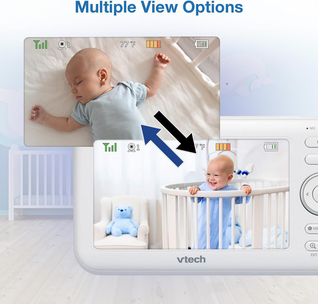 VTech VM5463-2 Upgraded Video Baby Monitor with 2 Cameras – 5' HD Screen, 12-Hour Battery, Pan Tilt Zoom, Ceiling Star Projector Night Light, 2-Way Audio, Non-WiFi Secure, No App Needed