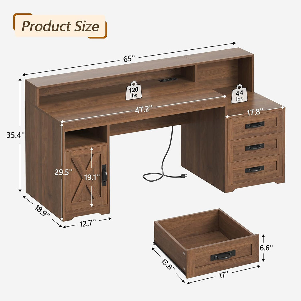 TVU Farmhouse Computer Desk with Drawers, 65'' Home Office Desk with Power Outlets, Storage Cabinet and Printer Stand, Study Writing Desks with Long Monitor Stand, Brown