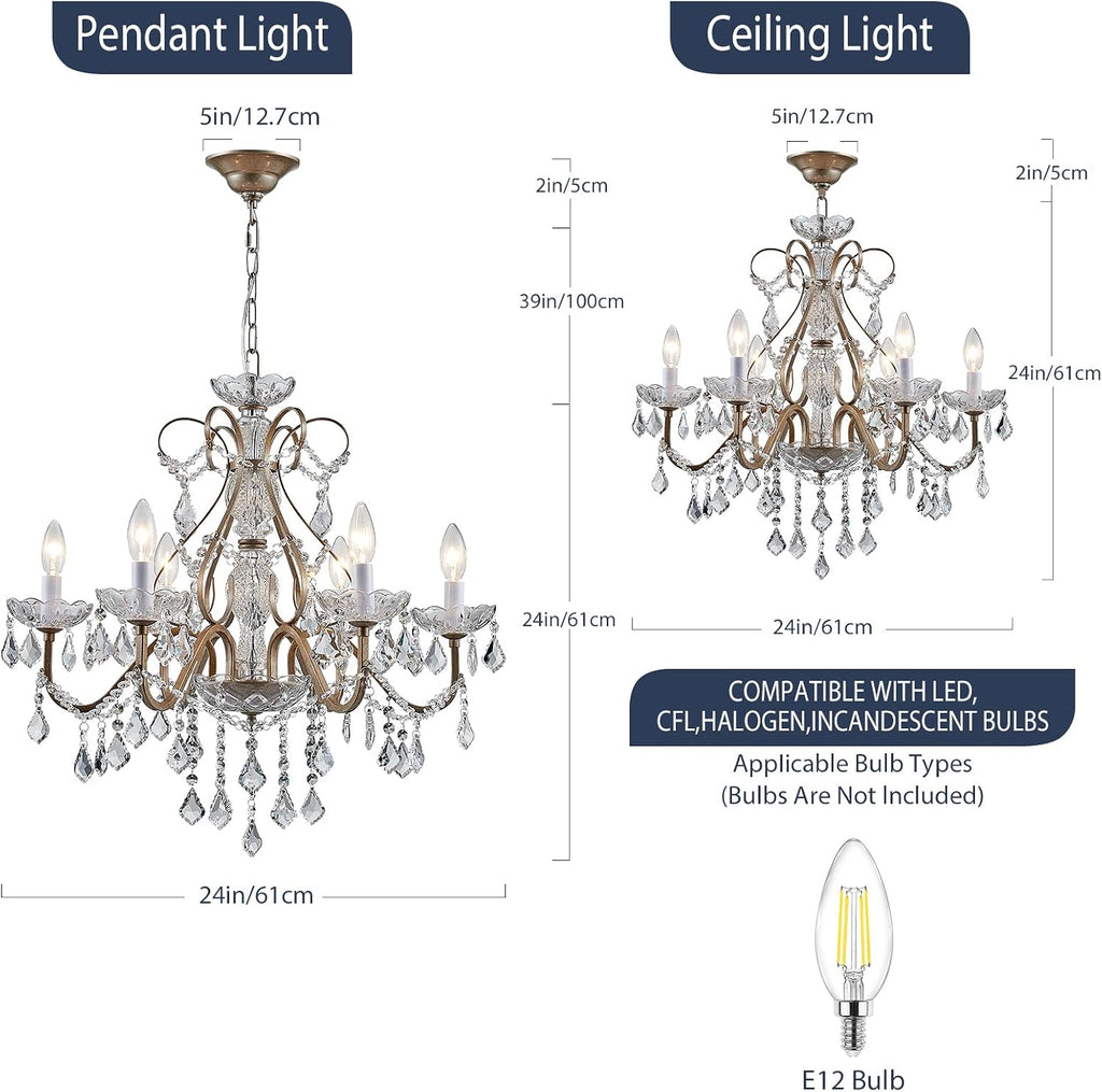 Bestier Antique Silver Vintage Candle Chandelier Crystal Lighting Fixture Lamp for Dining Room Bathroom Foyer Livingroom 6 E12 Bulbs Required D24 in x H26 in