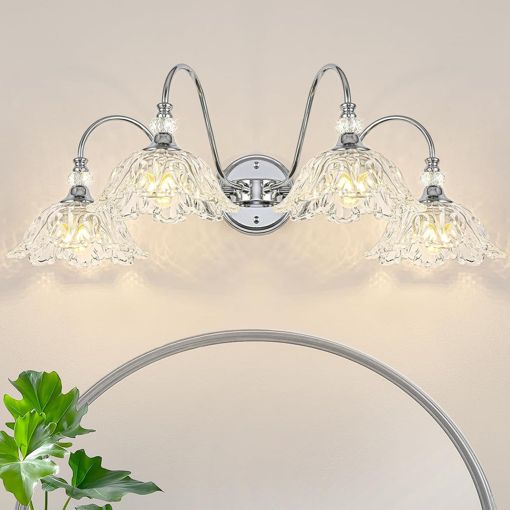 Brushed Chrome 4-Light Bathroom Vanity Light with Floral Clear Glass Shades, Modern Wall Mount Lighting for Bathroom, Dressing Table